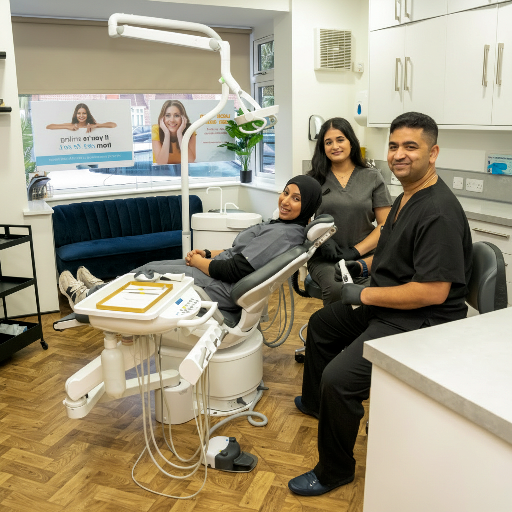 Dr Juttes and the Smile Perfections team with a patient inside the Oadby surgery